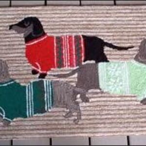 Chic Dog Sweater Rug with Red, Green, and Gray Accents